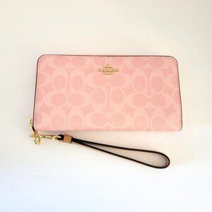 Coach CEC20 Long Zip Around Wallet Signature Coated Canvas Powder Pink Wristlet